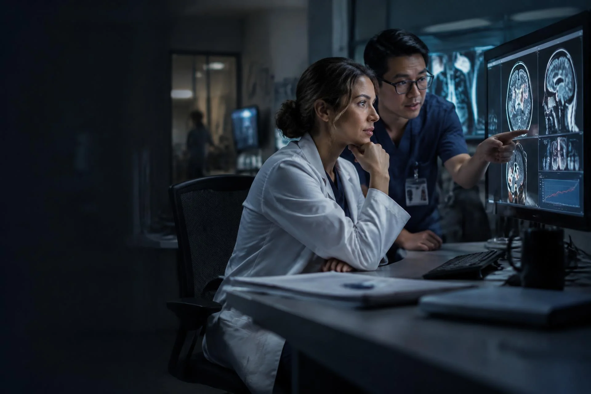Clinicians reviewing diagnostic evidence on a secure clinical decision-support workstation.