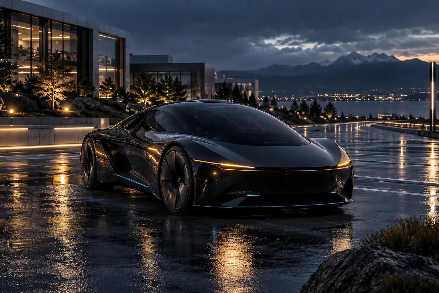 Sleek black autonomous electric vehicle on a rain-polished research campus at blue hour