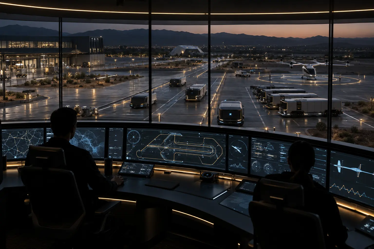 Operators monitoring an autonomous ground and air fleet from a panoramic command center
