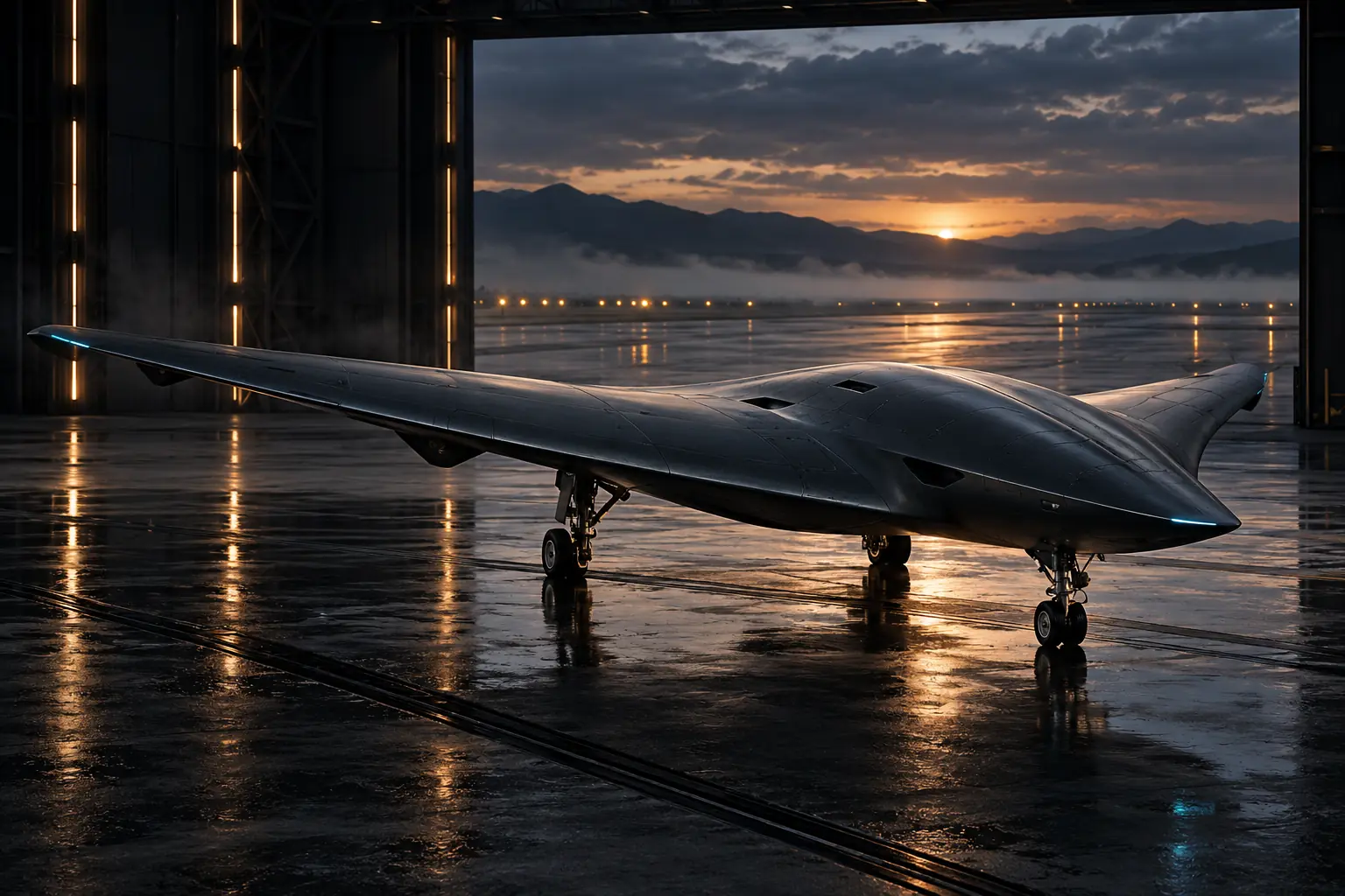 Tailless autonomous aircraft research concept inside a dark hangar at twilight