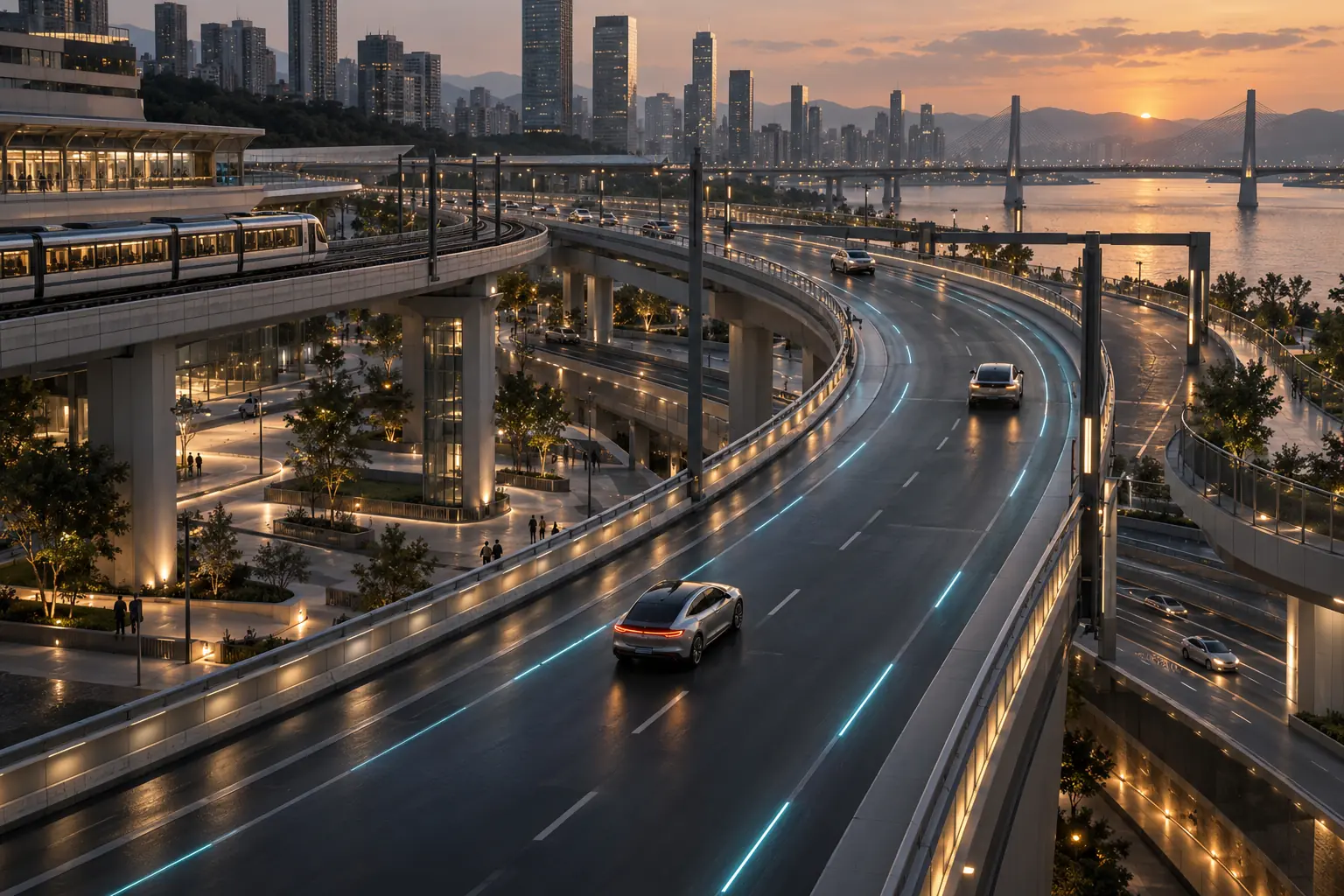 Near-future multimodal city corridor with autonomous vehicles and embedded roadway guidance