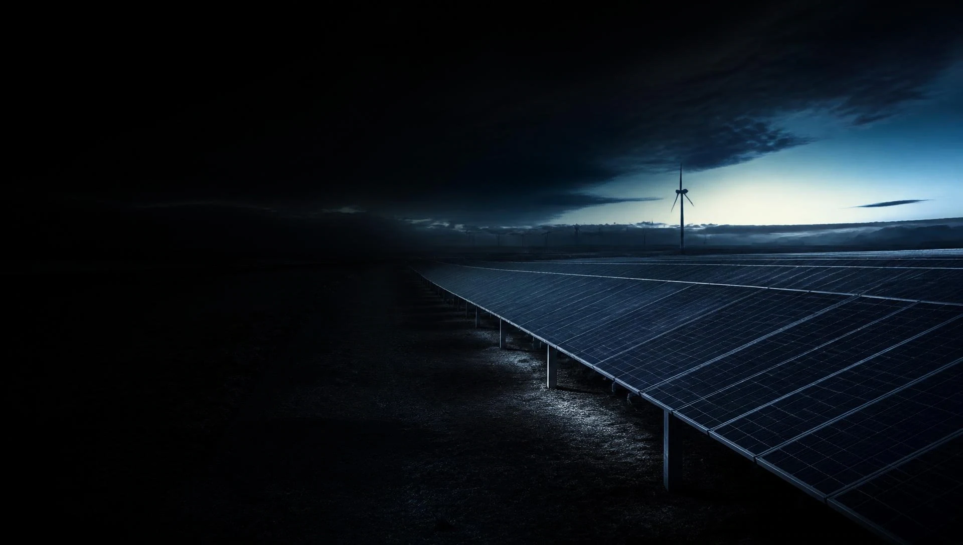 Concept image of a utility-scale solar field with a distant wind array at dusk