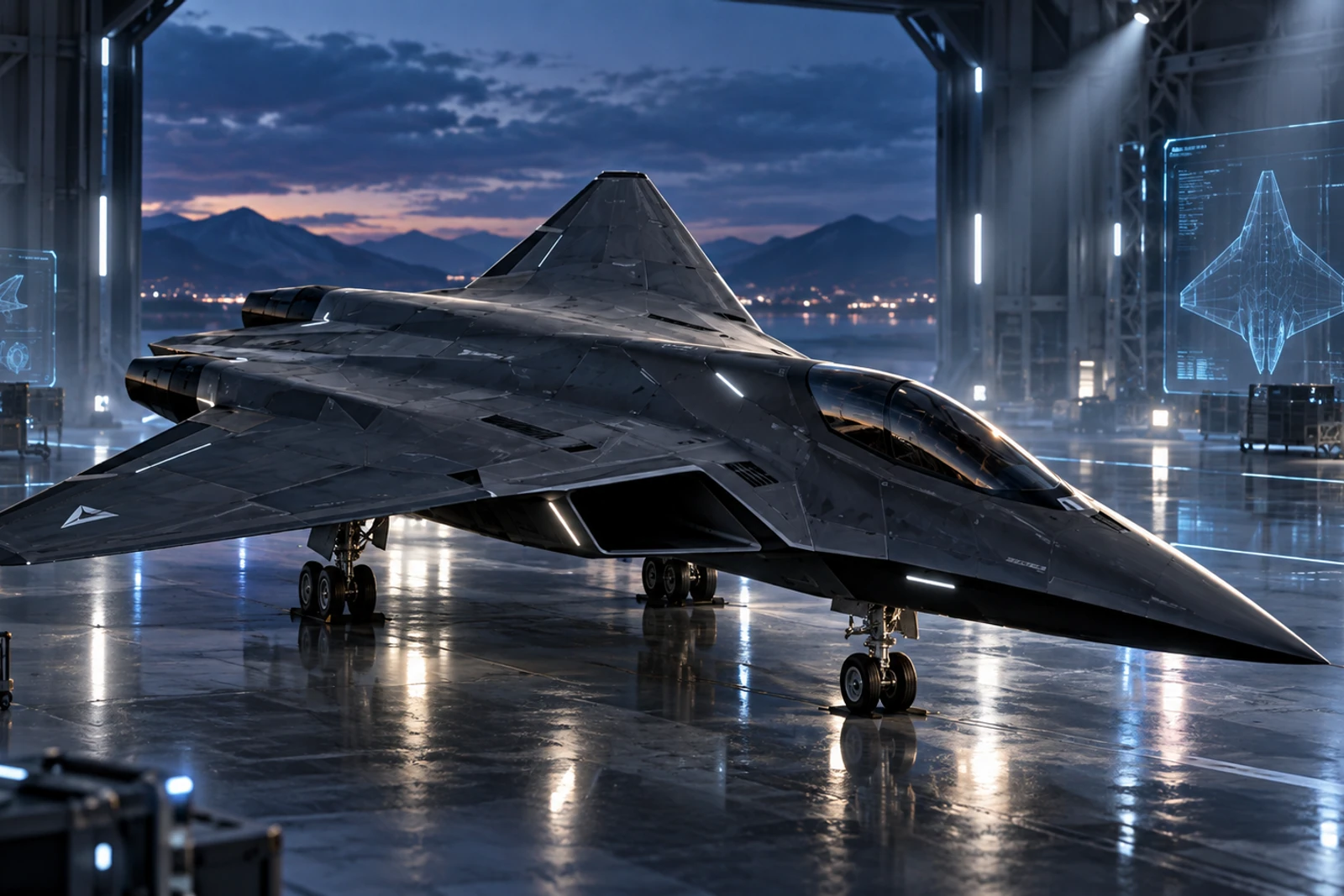 PX-Phantom autonomous stealth aircraft in a twilight hangar