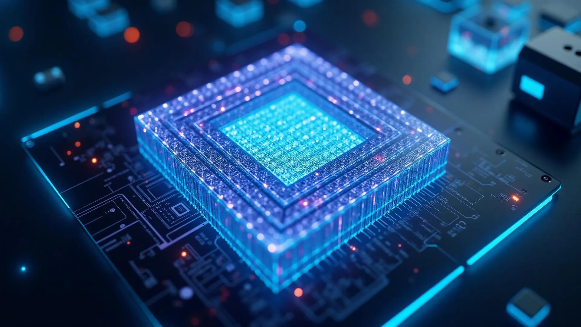 Illuminated processor architecture representing Aetherion Core hybrid-compute development.