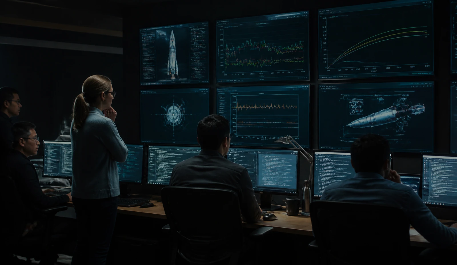 Engineers reviewing system telemetry on large displays in a low-lit operations room