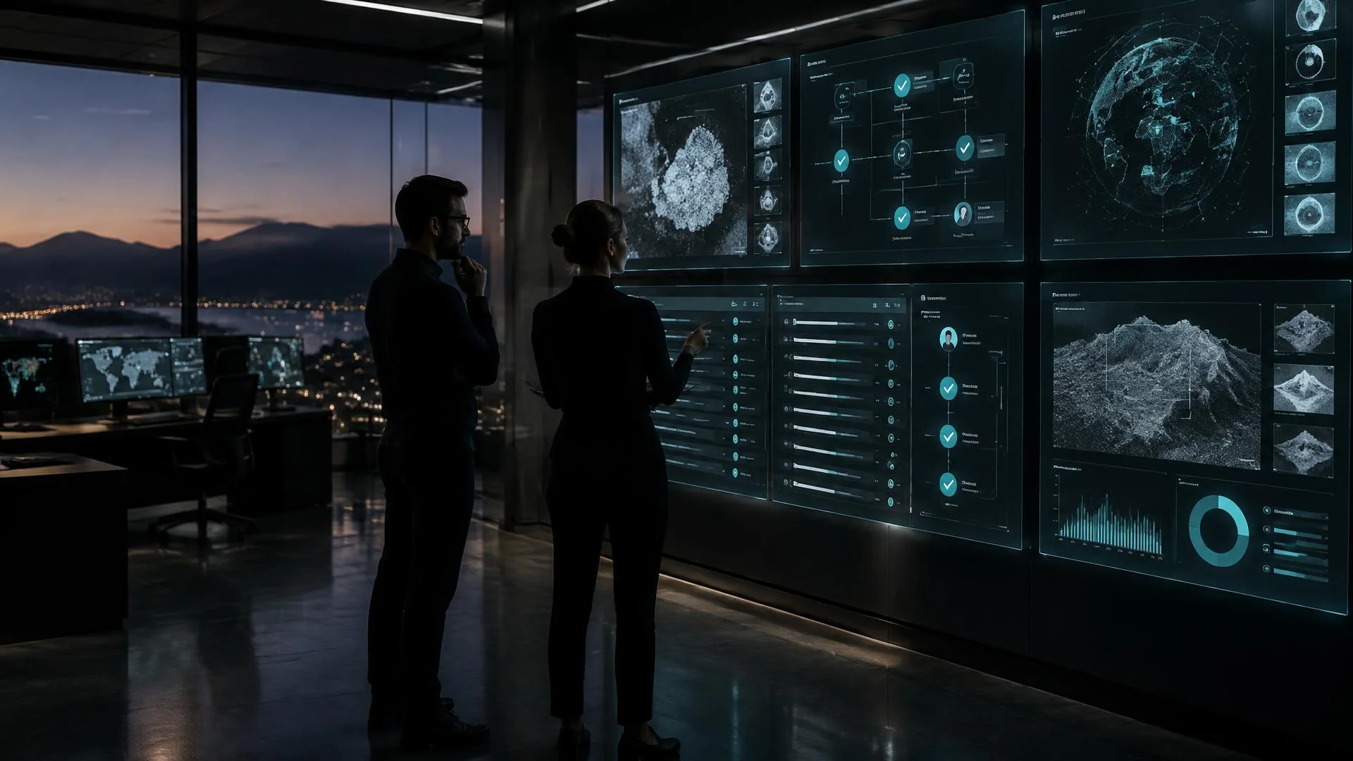 Engineers reviewing an evidence and authority review wall in a low-lit research control room.