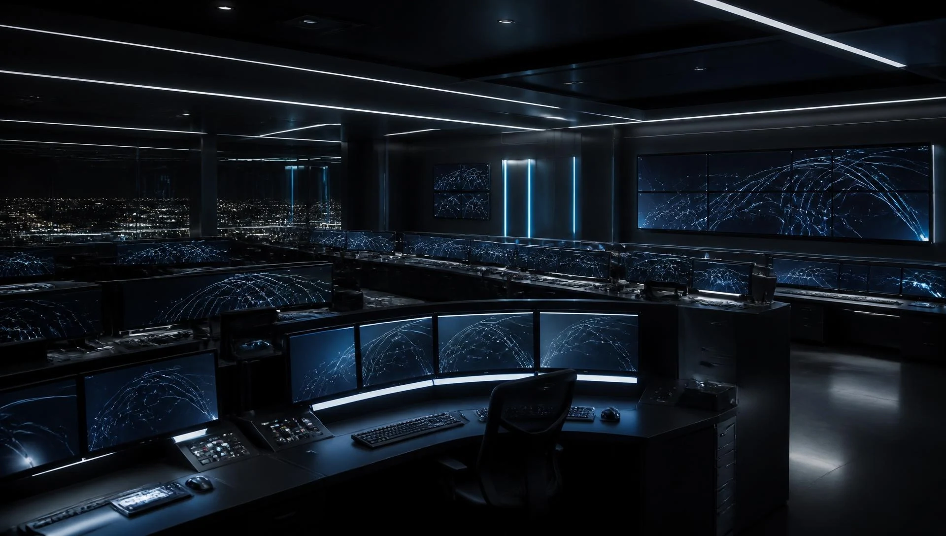 Concept visualization of orbital trajectory arcs above an empty operations floor
